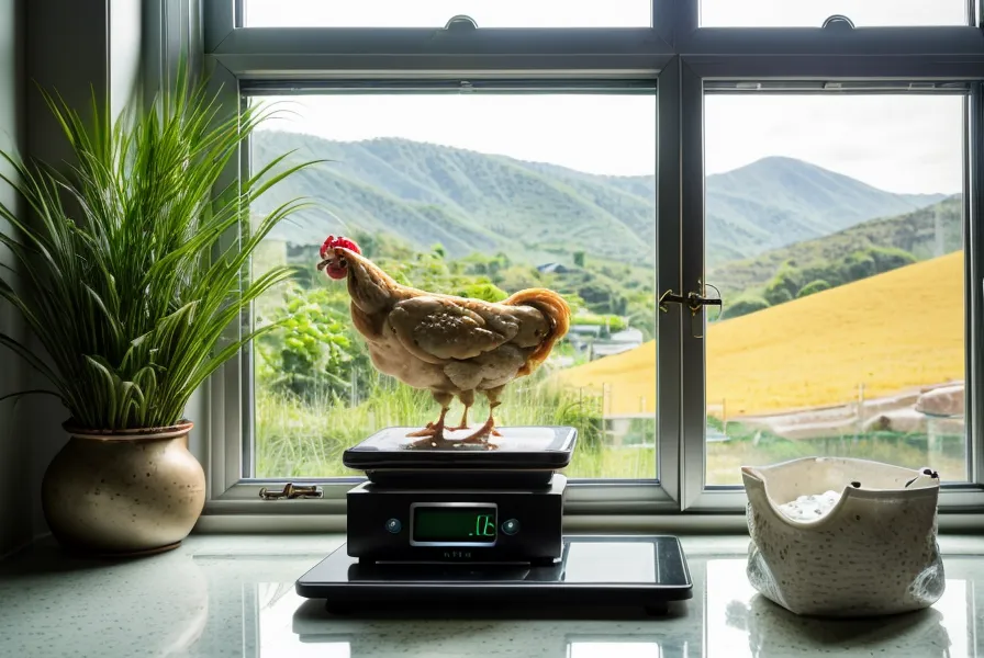 Primer plano de una báscula de cocina pesando proteína junto a notas de macronutrientes.