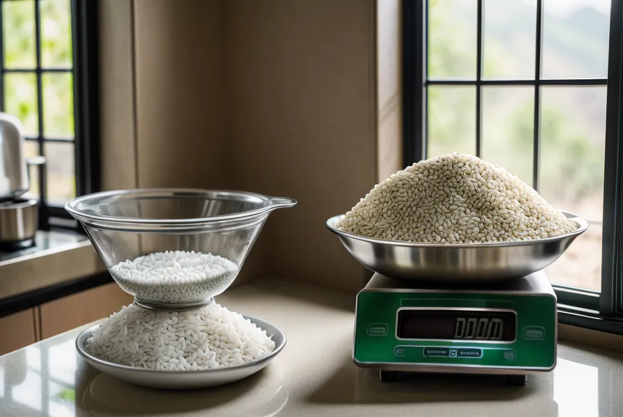 Báscula de cocina pesando arroz junto a implementos de diseño industrial.