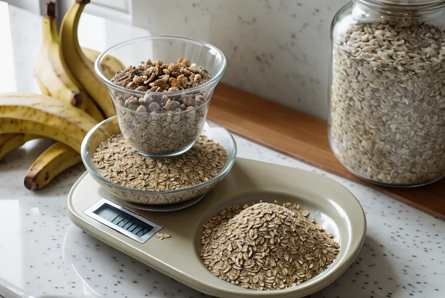 Báscula de cocina pesando avena con cálculos de calorías simples en una libreta.