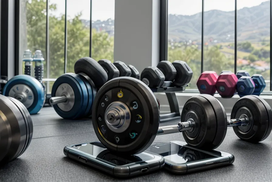 Celular mostrando recetas de Instagram junto a una mancuerna en un gimnasio casero