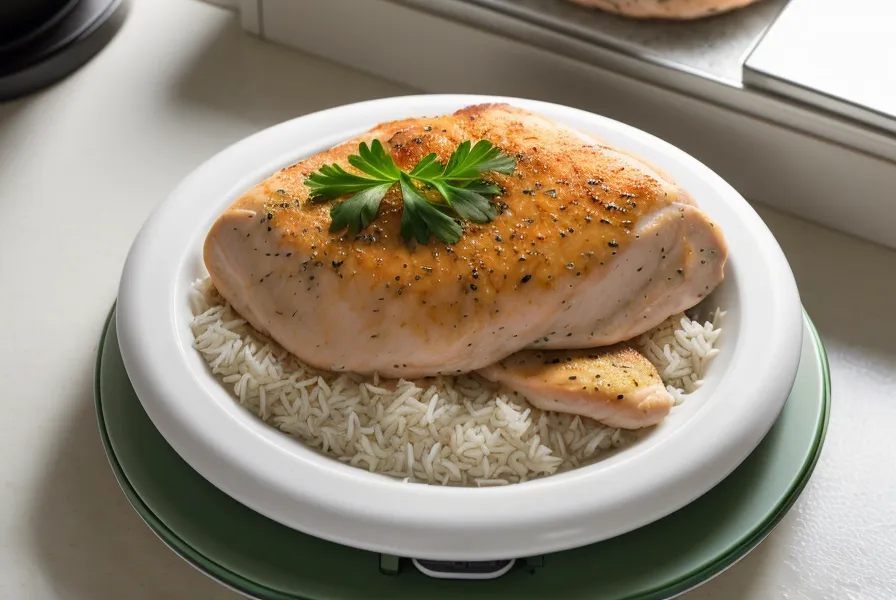 Báscula de cocina digital pesando pollo con reflejo de pantalla de ordenador