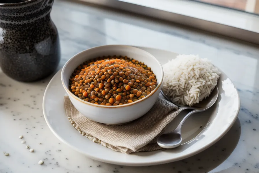 Plato de lentejas y arroz, una fuente económica de proteína vegetal para entrenamiento.