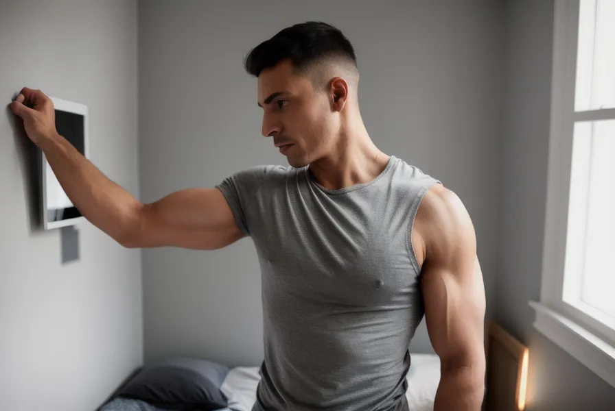 Hombre notando resultados de hipertrofia en los hombros tras seguir un plan nutricional.