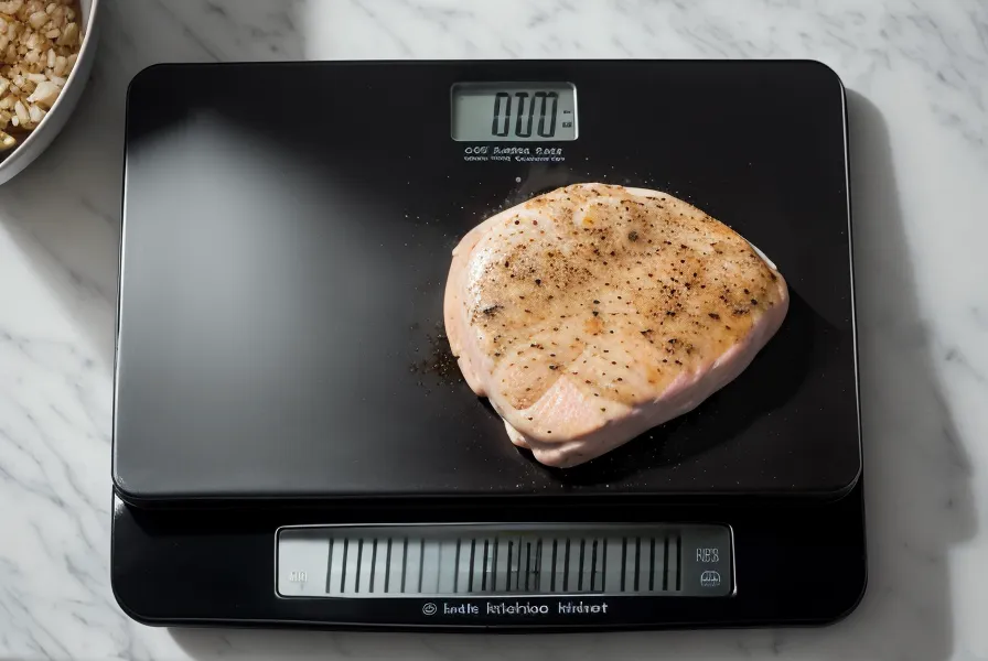 Báscula de cocina pesando alimentos con notas de macronutrientes al lado