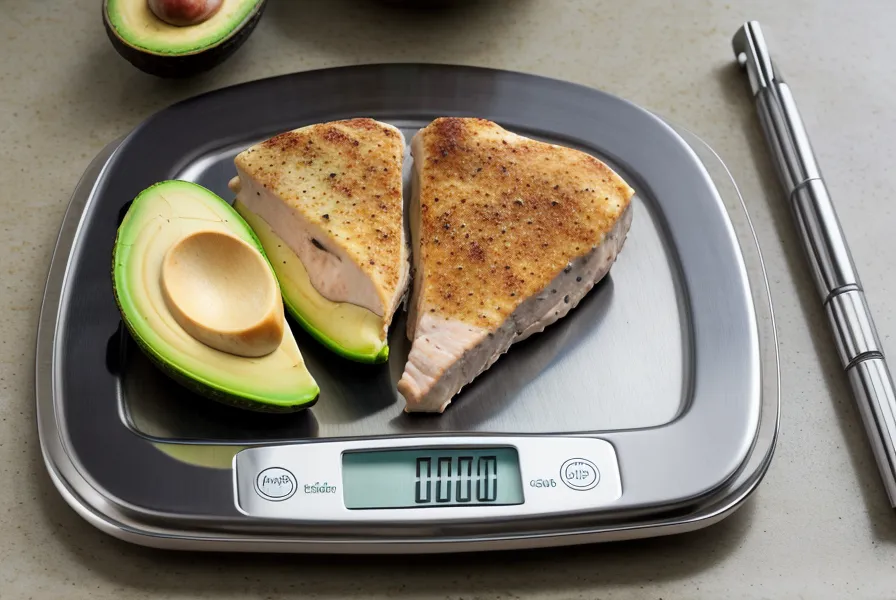 Primer plano de báscula de cocina pesando proteína con notas de macronutrientes al lado.