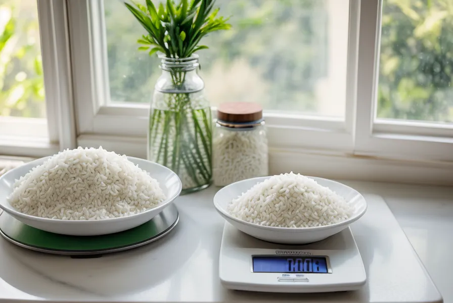Báscula de cocina pesando arroz siguiendo un plan de nutrición deportiva.